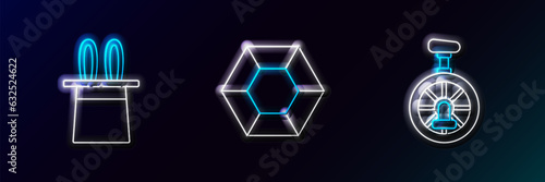 Set line Unicycle or one wheel bicycle, Magician hat and rabbit ears and stone icon. Glowing neon. Vector
