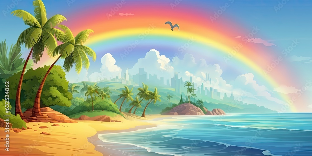 A serene beach scene with a city skyline and a colorful rainbow arching over the ocean and a bird.