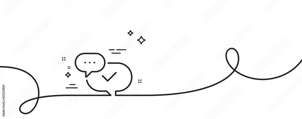 Check mark line icon. Continuous one line with curl. Approved sign. Speech bubble chat symbol. Approved single outline ribbon. Loop curve pattern. Vector Check mark line icon. Continuous one line with curl. Approved sign. Speech bubble chat symbol. Approved single outline ribbon. Loop curve pattern. Vector