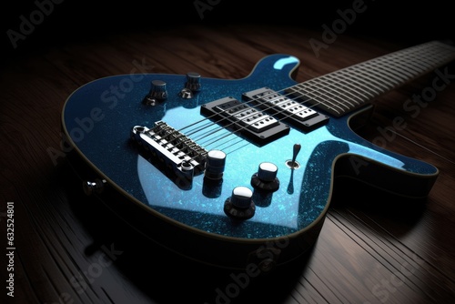 A blue electric guitar on a wooden floor with a light shining on it: a sleek and shiny image that shows musical passion and style.