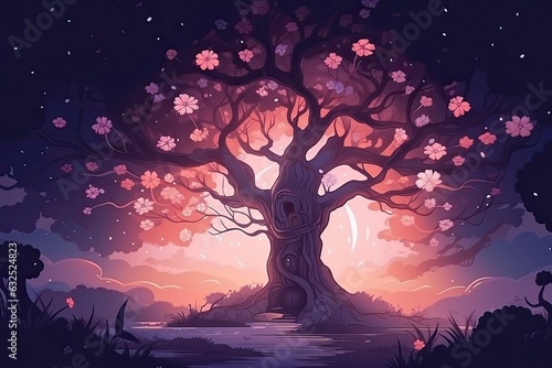 A large tree with a face and pink flowers in a sunrise or sunset sky. The image portrays a mystical island in a lake.