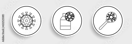 Set line Virus under magnifying glass, and Bottle with virus icon. Vector