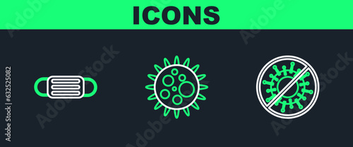 Set line Stop virus, Medical protective mask and Virus icon. Vector