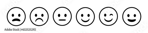 Feedback. Rating scale with smiles representing various emotions. Emoticon different mood. Evaluation of service. Emoji icon positive, neutral and negative. Vector illustration
