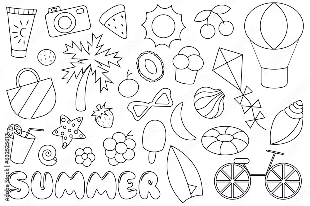 Cartoon set of summer elements in black and white