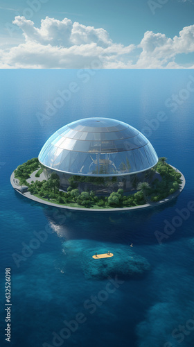 edge floating research facility stationed in the middle of an expansive, tranquil ocean. The facility is a marvel of modern design, with a glass dome housing a lush botanical garden and research labs.