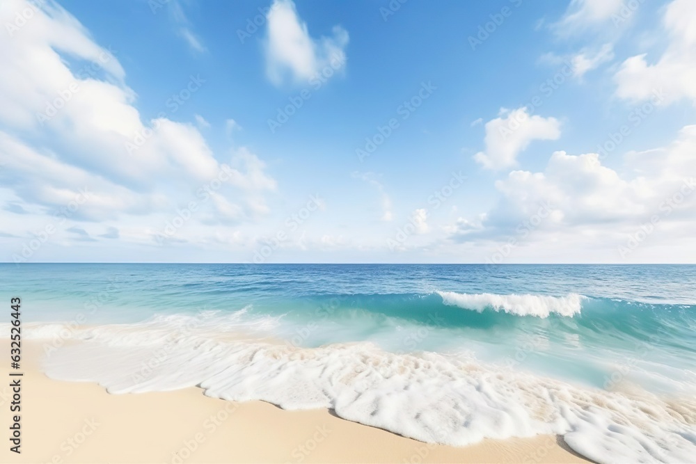 Sandy beach with turquoise water and blue cloudy sky