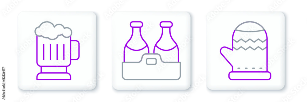 Set line Christmas mitten, Wooden beer mug and Champagne bottle icon. Vector Set line Christmas mitten, Wooden beer mug and Champagne bottle icon. Vector