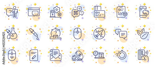 Outline set of Search employee, Charging station and Chemistry pipette line icons for web app. Include Contactless payment, Mail newsletter, Computer mouse pictogram icons. Info. Vector