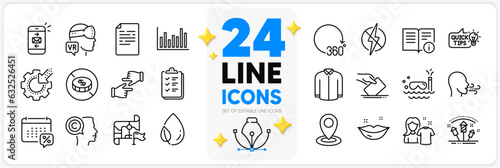 Icons set of Breathing exercise, Antistatic and Leaf dew line icons pack for app with No cash, Voting ballot, Clean shirt thin outline icon. Bar diagram, Scuba diving. Design with 3d stars. Vector