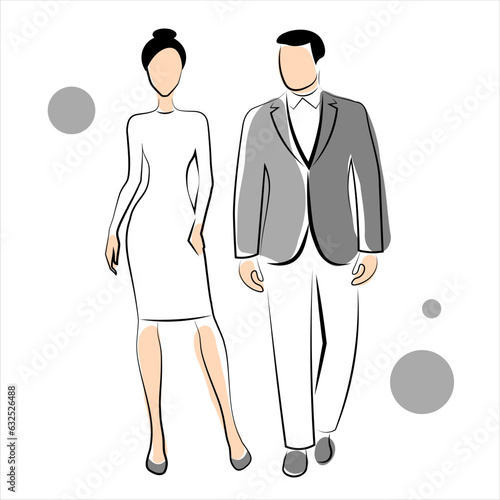 A man in a suit and a woman in an evening dress. Vector illustration in doodle style