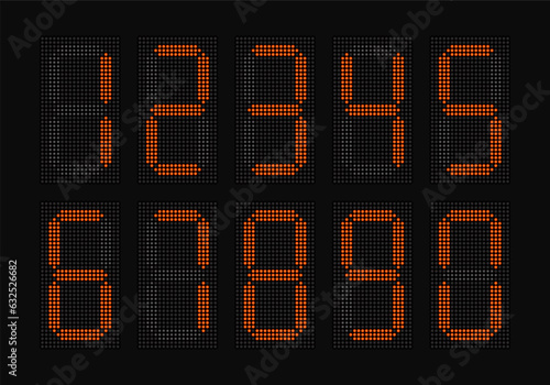 Electronic figures. Digital glowing numbers. LCD numbers for a electronic devices. Vector illustration.