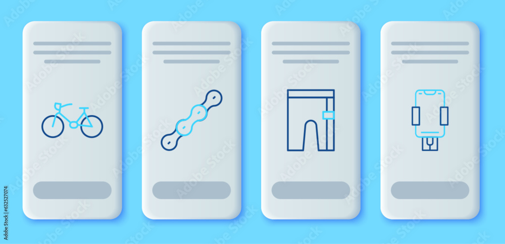 Set line Bicycle chain, Cycling shorts, and Mobile holder icon. Vector Set line Bicycle chain, Cycling shorts, and Mobile holder icon. Vector