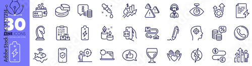 Battery charging, Eye laser and Wine glass line icons pack. Money tax, Info, Aroma candle web icon. Delivery report, Pie chart, Chemistry pipette pictogram. Antistatic, Recovery laptop. Vector