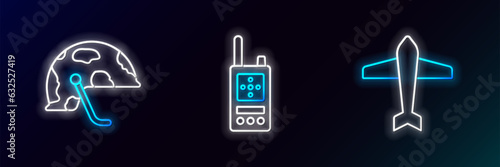 Set line Jet fighter, Military helmet and Walkie talkie icon. Glowing neon. Vector