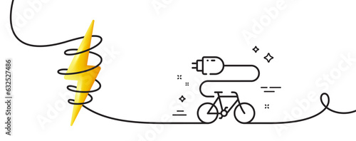 Electric bike line icon. Continuous one line with curl. Motorized bicycle transport sign. Charge ebike symbol. Electric bike single outline ribbon. Loop curve with energy. Vector