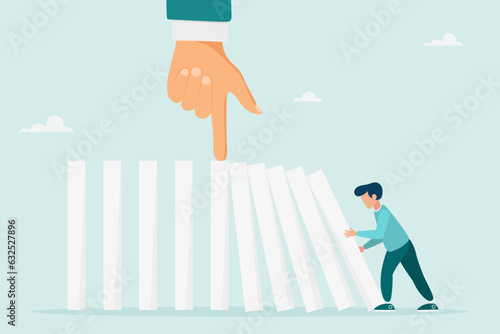 Big hand will stop the domino effect. Business concept. The guy throws dominoes. Vector illustration.