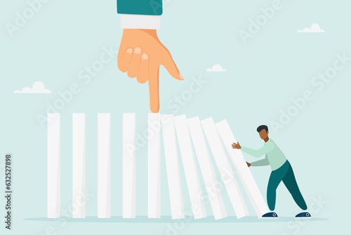 Big hand will stop the domino effect. Business concept. The guy throws dominoes. Vector illustration.