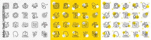 Outline Computer fan, Head and Drone line icons pack for web with Vitamin a, Targeting, Quiz line icon. Algorithm, Prescription drugs, Scissors pictogram icon. Lightning bolt. Vector
