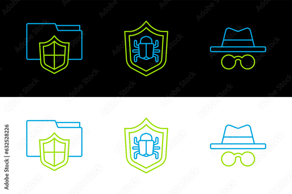 Set line Incognito mode, Document folder protection and System bug icon. Vector Set line Incognito mode, Document folder protection and System bug icon. Vector
