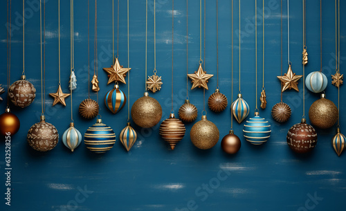 Gold and blue Christmas decorations on dark blue background