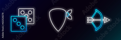 Set line Bow and arrow in quiver, Game dice and Cowboy bandana icon. Glowing neon. Vector