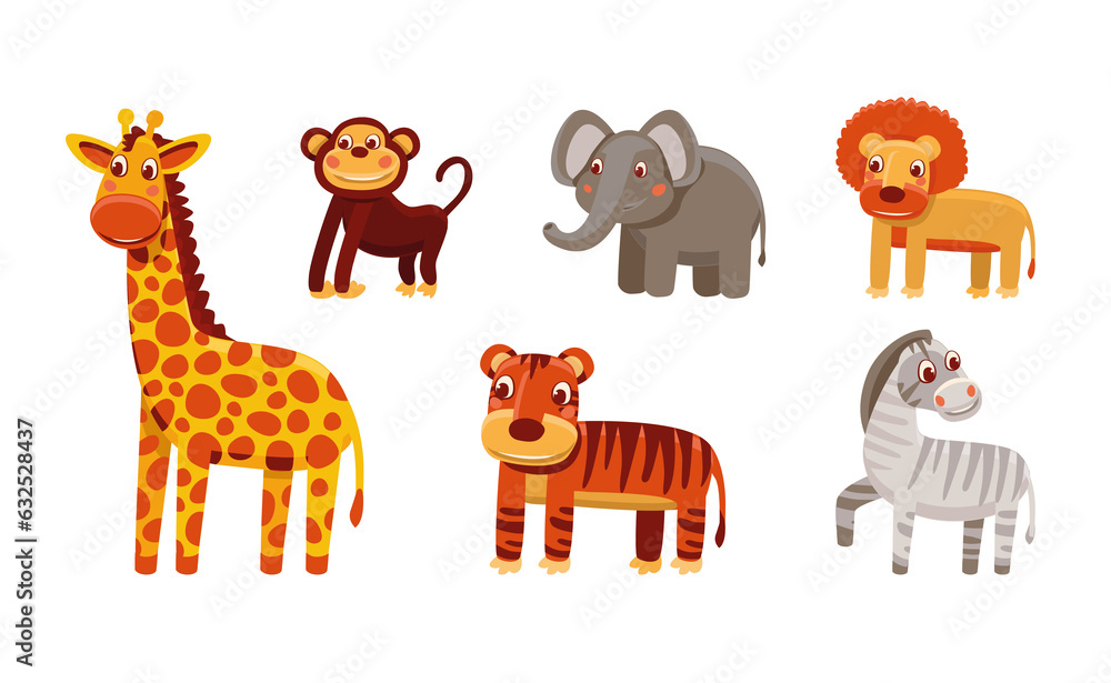 Fototapeta premium Png cartoon animals - funny characters and mascots, tiger, lion, monkey, giraffe 