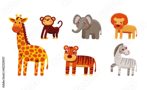 Fototapeta Naklejka Na Ścianę i Meble -  Png cartoon animals - funny characters and mascots, tiger, lion, monkey, giraffe 