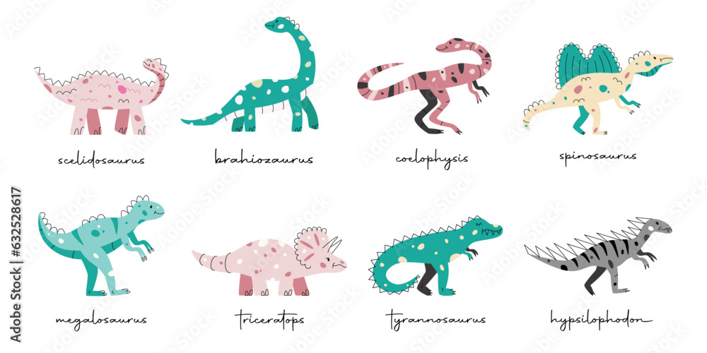 Flat hand drawn vector illustrations of dinosaurs