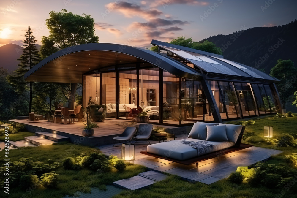 Fototapeta premium Contemporary luxury villa designed in a minimalist aesthetic. Glass home set against a mountain background. Stunning mountain vistas visible from the modern villa. Upscale glamping experience.Genera