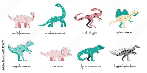 Flat hand drawn vector illustrations of dinosaurs