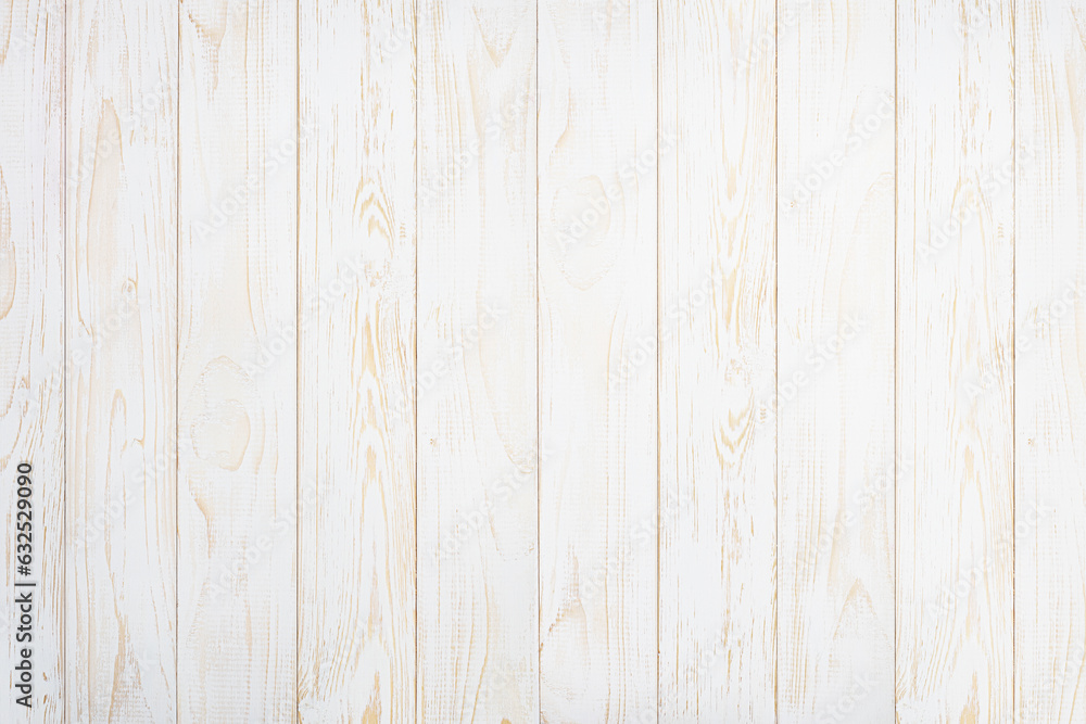 Fototapeta premium Texture of white wooden background. Light wallpaper with old crack texture. Vintage decorative nature wall concept, scratch surface mockup. Abstract vertical grunge backdrop. Top view, copy space