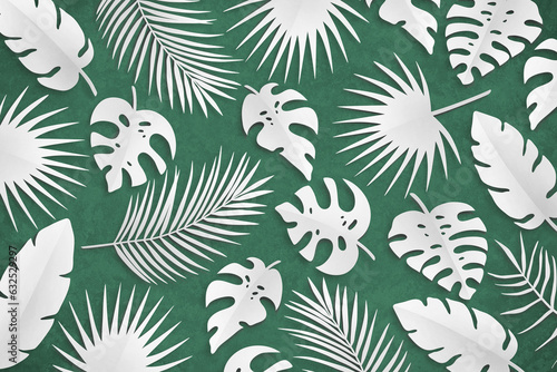 Composition of white cut paper tropical palm leaves, jungle Monstera, banana and coconut leaves. Nature mockup, summer art collection on green background. Top view, flat lay, full cover, close up