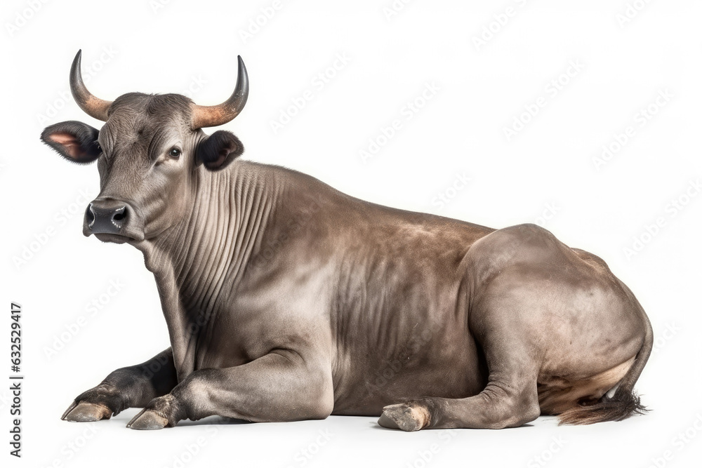 The majestic beauty of a bull, a gray farm cow on a white background. The majestic beauty of a bull, a gray farm cow on a white background.