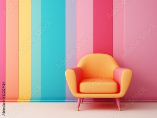 Pastel multi-color vibrant groovy retro striped background wall frame with bright armchair interior home design generative ai