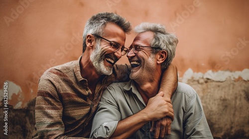 Pride gay couple. Joyful Expressions Of Affection between same-sex.Cheerful gay man laughing.