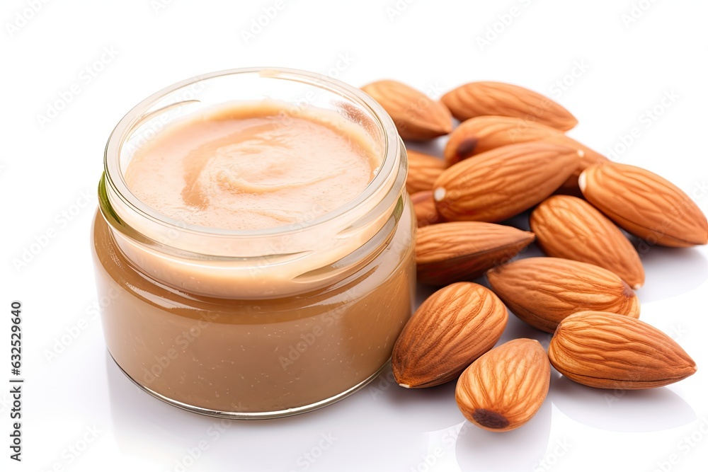A jar of healthy almond butter, perfect for a nutritious breakfast and snack. White background.