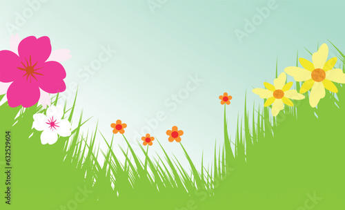 Vector landscape spring background with flowers.