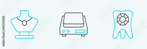 Set line Tooth with diamond, Necklace mannequin and Electronic jewelry scales icon. Vector
