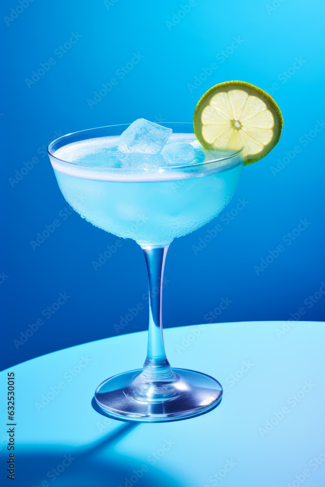 blue lagoon cocktail drink in cocktail glass on blue background