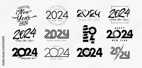 Set of 2024 Happy New Year logo text design. Christmas symbols 2024 Happy New Year. 20 24 number design template. Vector illustration with black creative symbols for calendars, diaries, annual reports