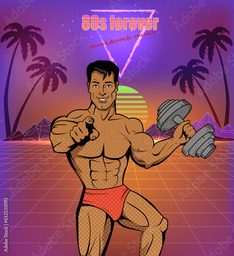 Athlete, powerlifter with heavy dumbbells on motivational banner. Fitness man on poster in pop art style. Advertisement of 80s music festival with strong guy, sportsman posing with dumbbell