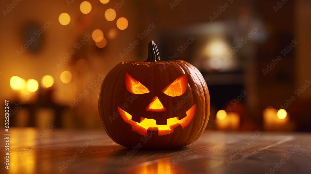 Fototapeta premium Halloween pumpkin head jack lantern with burning candles