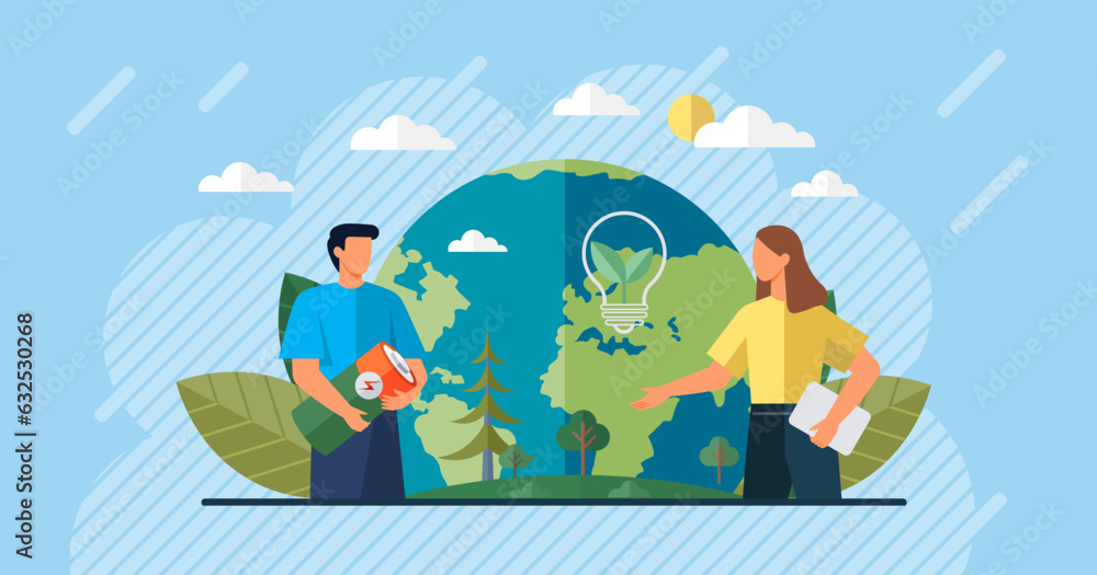 Respect for environment. Save planet. Man and woman standing at globe. Earth day concept for poster. Globe with green plants and trees. Respect for nature and ecology. Symbol of caring for planet Respect for environment. Save planet. Man and woman standing at globe. Earth day concept for poster. Globe with green plants and trees. Respect for nature and ecology. Symbol of caring for planet