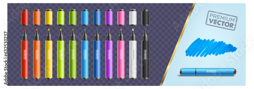 color marker set. Felt tip of marker. Pencil for highlight. Permanent palette of pens. Set of felt tips with green, red, yellow, blue and black colors. vector.