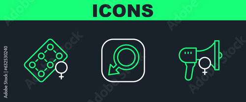 Set line Feminist activist, Packaging of birth control pills and Male gender icon. Vector