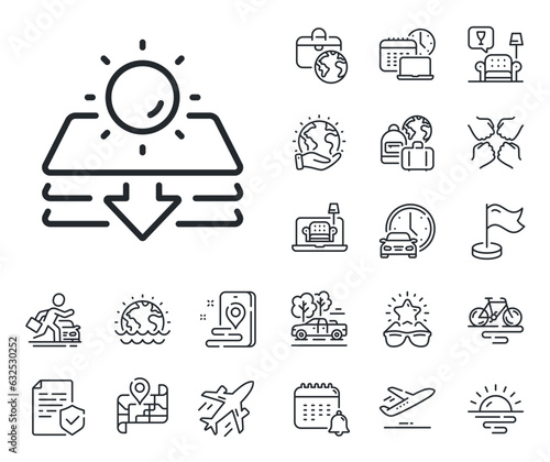 Uv protect sign. Plane jet, travel map and baggage claim outline icons. Sun protection line icon. Sunscreen effect symbol. Sun protection line sign. Car rental, taxi transport icon. Vector