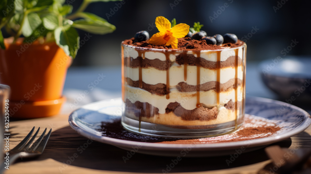 Classic tiramisu in a glass jar in Italian cafe. Traditioanal italian dessert. Classic tiramisu in a glass jar in Italian cafe. Traditioanal italian dessert.