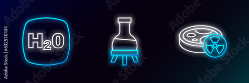 Set line Test tube with toxic liquid, Chemical formula H2O and icon. Glowing neon. Vector