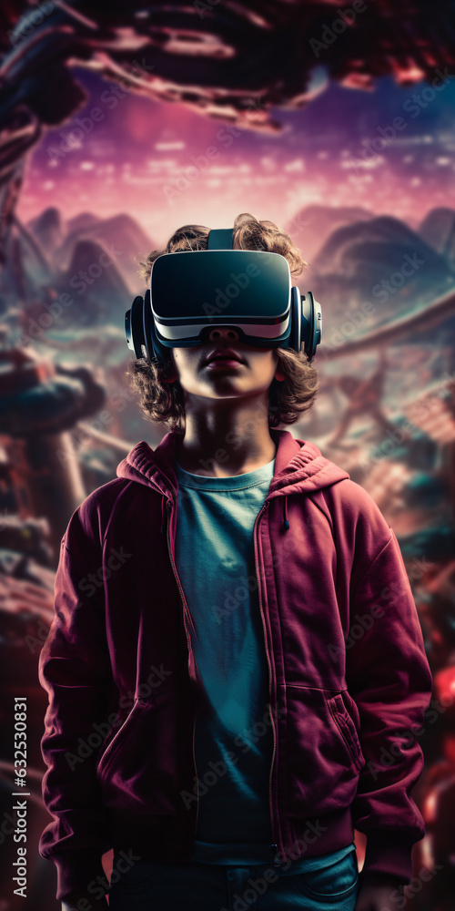 Young boy wearing virtual reality glasses in neon lit room